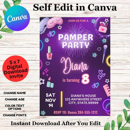 Spa Makeover Party Birthday Invitation Template - Girl Spa Party Invitation Editable in Canva 