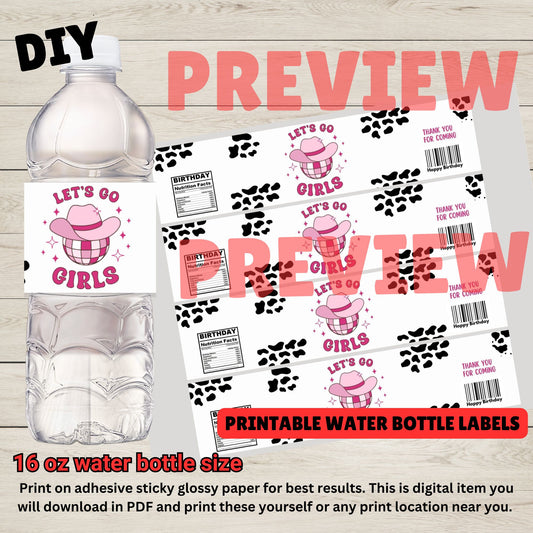Disco Cowgirl Water Bottle Labels - Printable Space Cowgirl Retro Water Bottle Labels