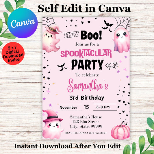 Pink Halloween Monster Birthday Invitation Template - Cute Halloween Birthday Invitation Editable in Canva  