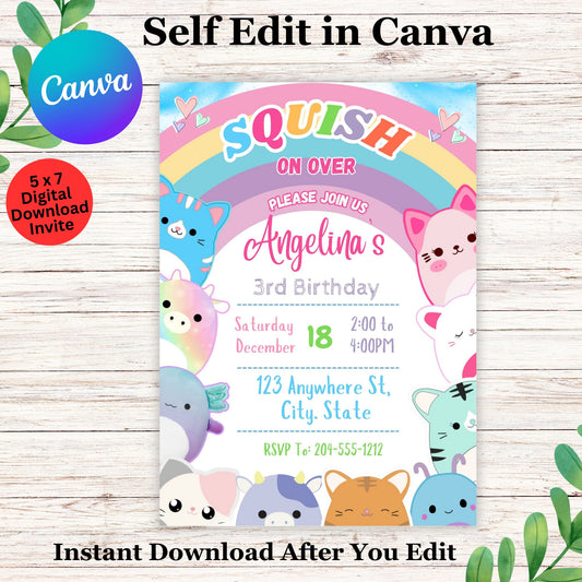 Cute Squishmallow Birthday Invitation Template- Editable Squishmallow Invite Template in Canva 