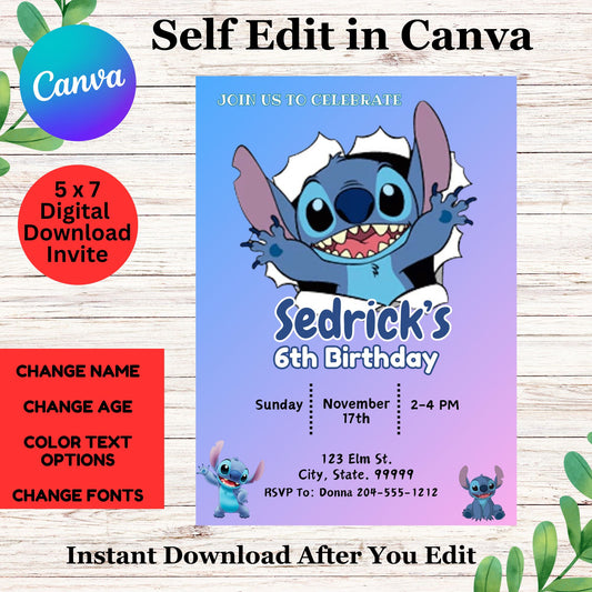 Stitch Birthday Invitation Template - Printable Stitch Personalized Birthday Invite - Instant Downland