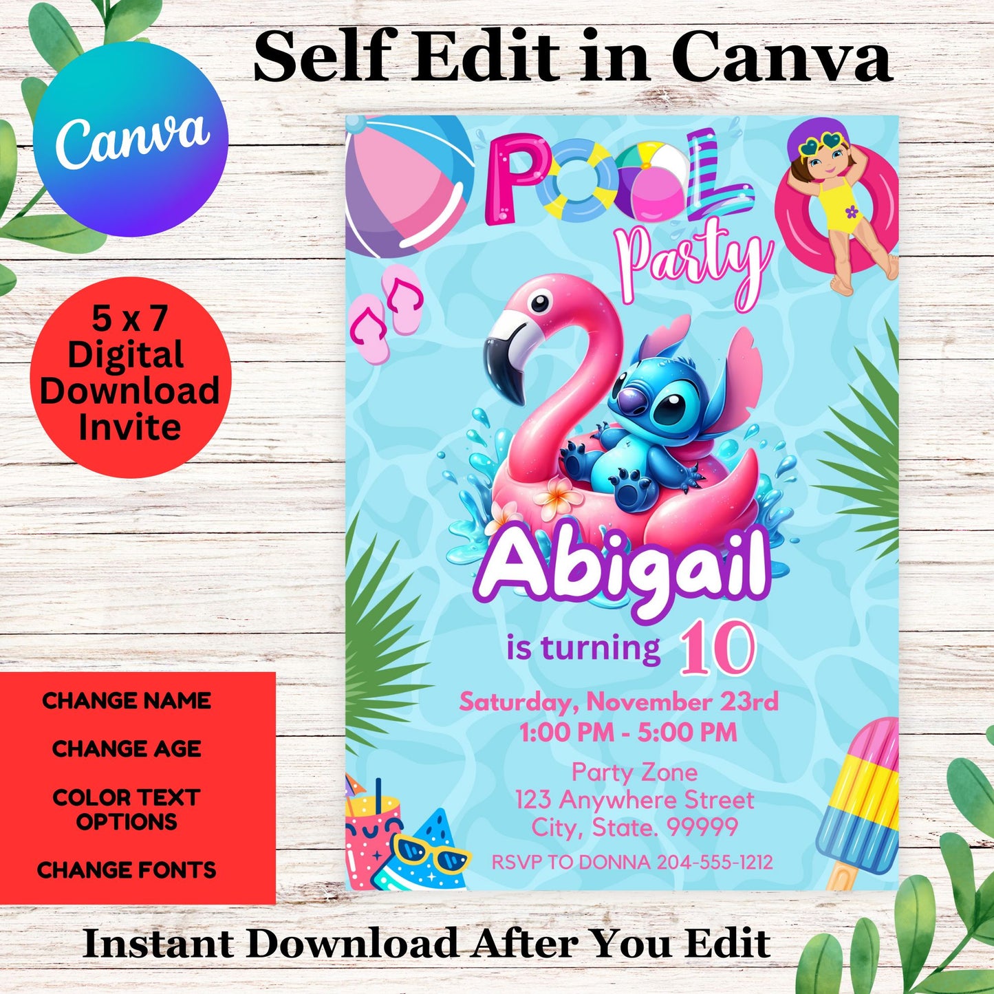 Stitch Personalized Birthday Invitation Template - Stitch Pool Party Invitation in Canva Editable