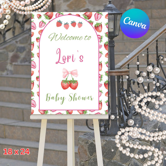 Strawberry Baby Shower Welcome Poster - Editable Sweet Berry Baby Shower Poster in Canva