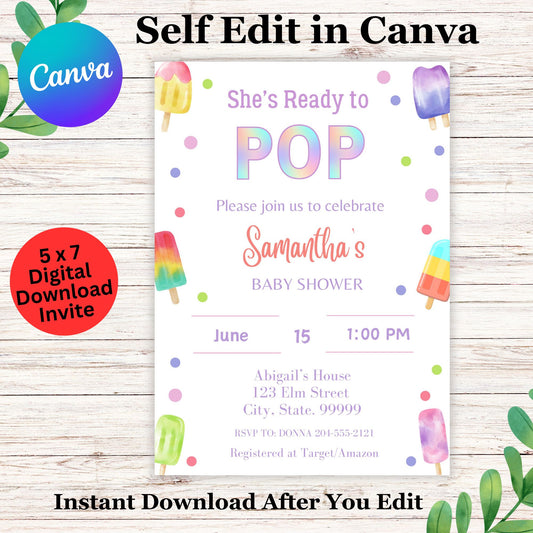 She's Ready to Pop Baby Shower Invitation Template - Editable Popsicle Summer Baby Shower Invite  