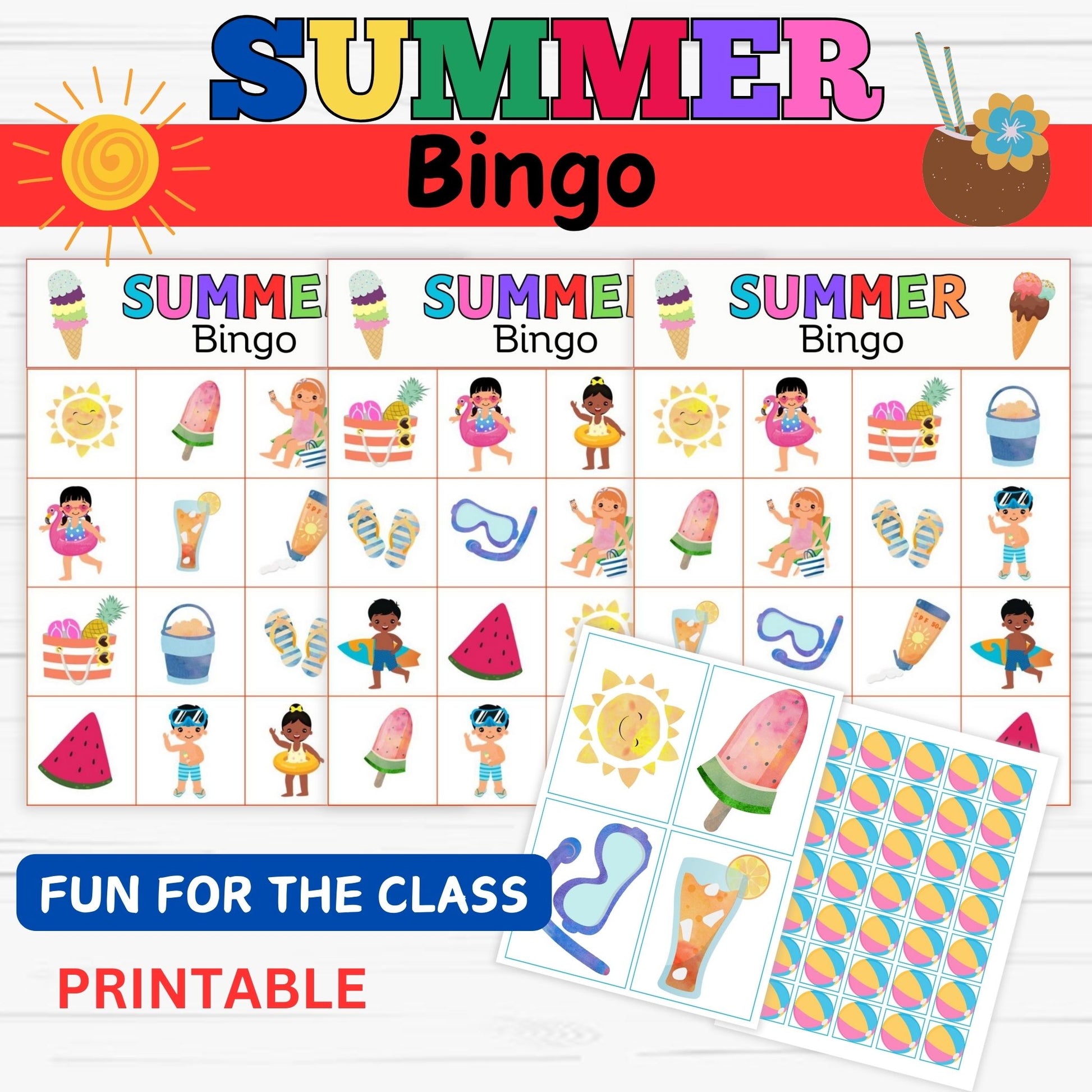 summerbingo summer bingo- end of school year bingo for kids - instant download
