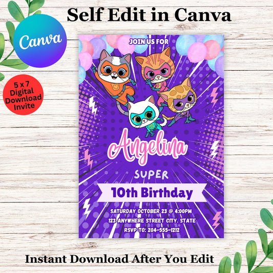 Super Kitties Birthday Invitation Template - Editable Super Kitties Birthday Invitation in Canva