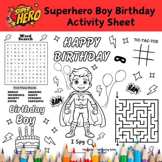 Superhero Boy Birthday Activity Sheet for Kids - Printable