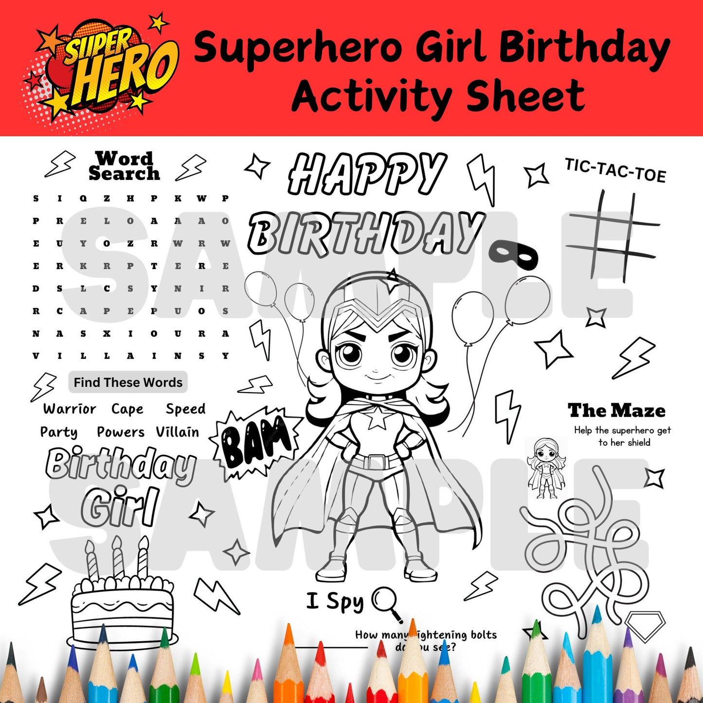 Superhero Girl Birthday Activity Sheet for Kids - Printable 