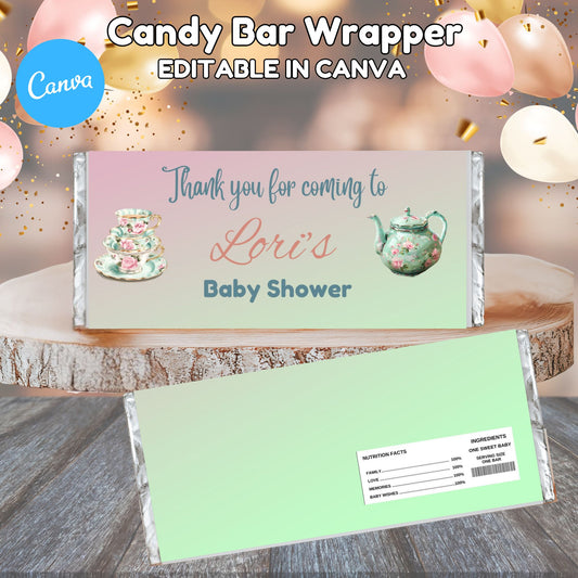 Tea Party Baby Shower Candy Bar Wrapper Template - Printable Baby Shower Candy Bars