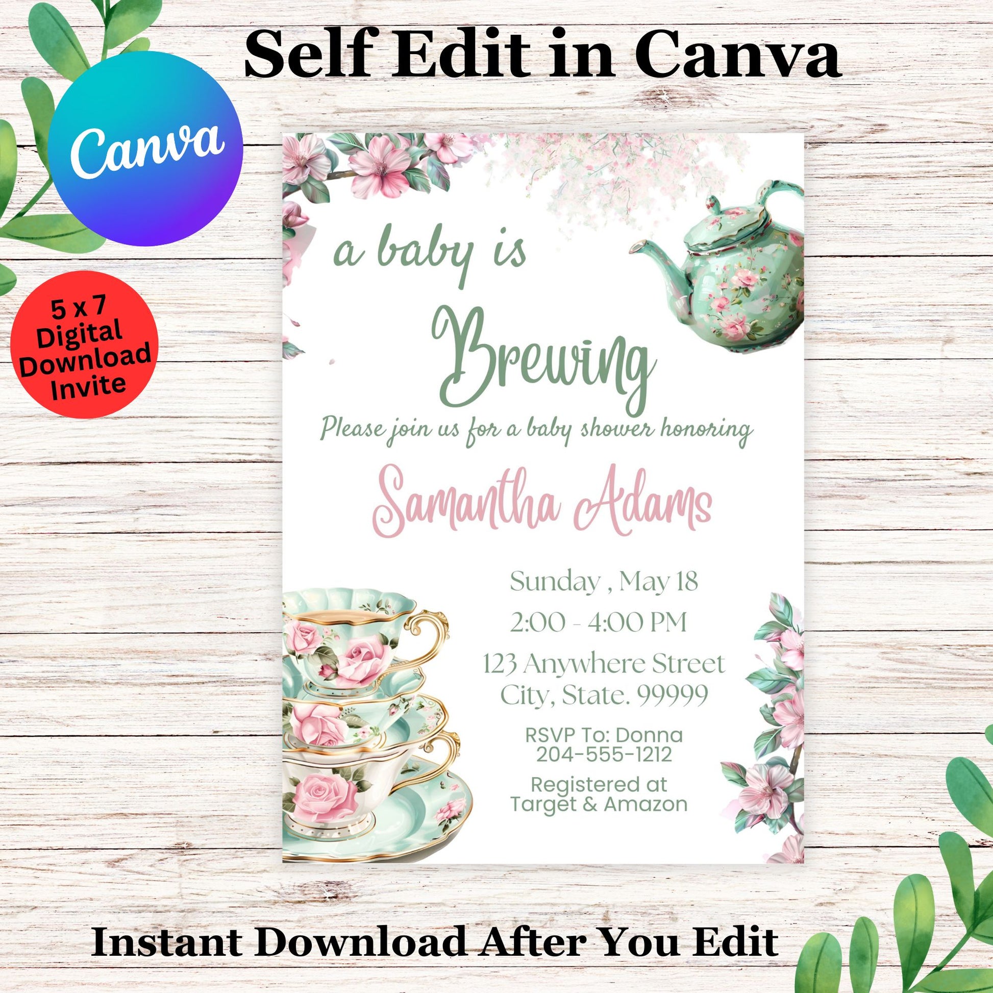 Tea Party Baby Shower Invitation Template - A Baby is Brewing Baby Shower Invite 