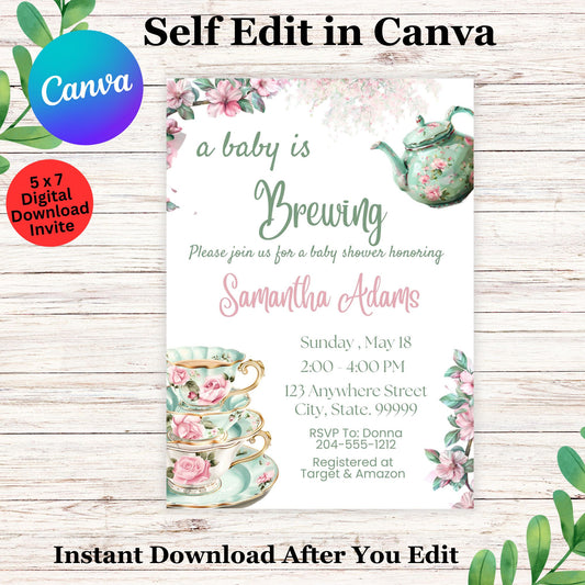 Tea Party Baby Shower Invitation Template - A Baby is Brewing Baby Shower Invite 