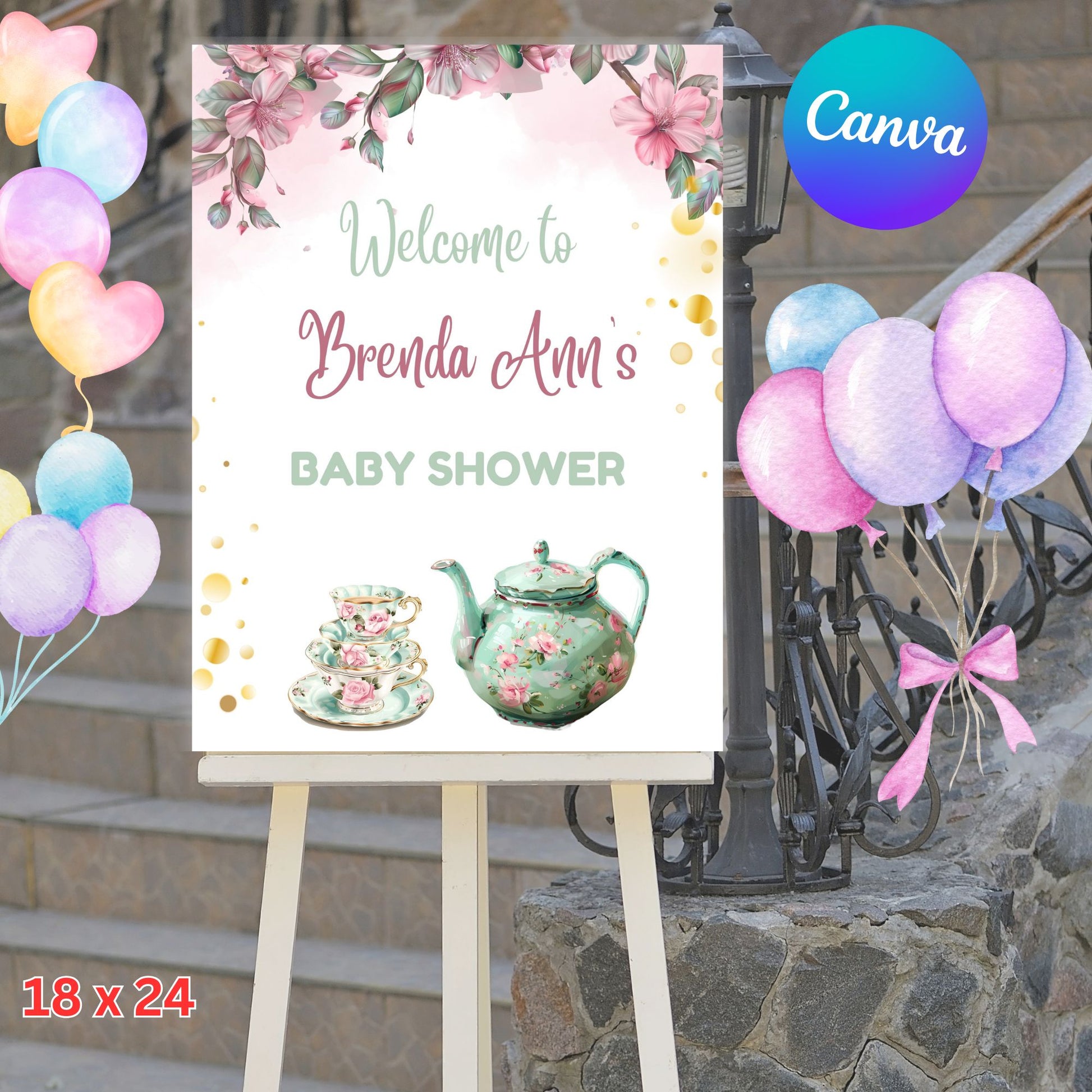 Tea Party Baby Shower Welcome Sign Poster Template - Tea Party Baby Shower Party 