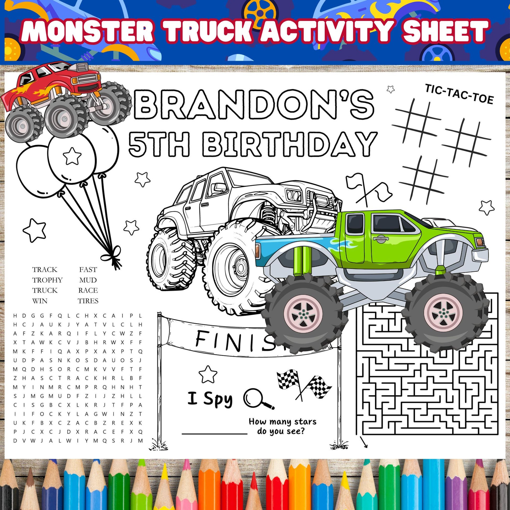 Monster Truck Birthday Activity Sheet - Printable 