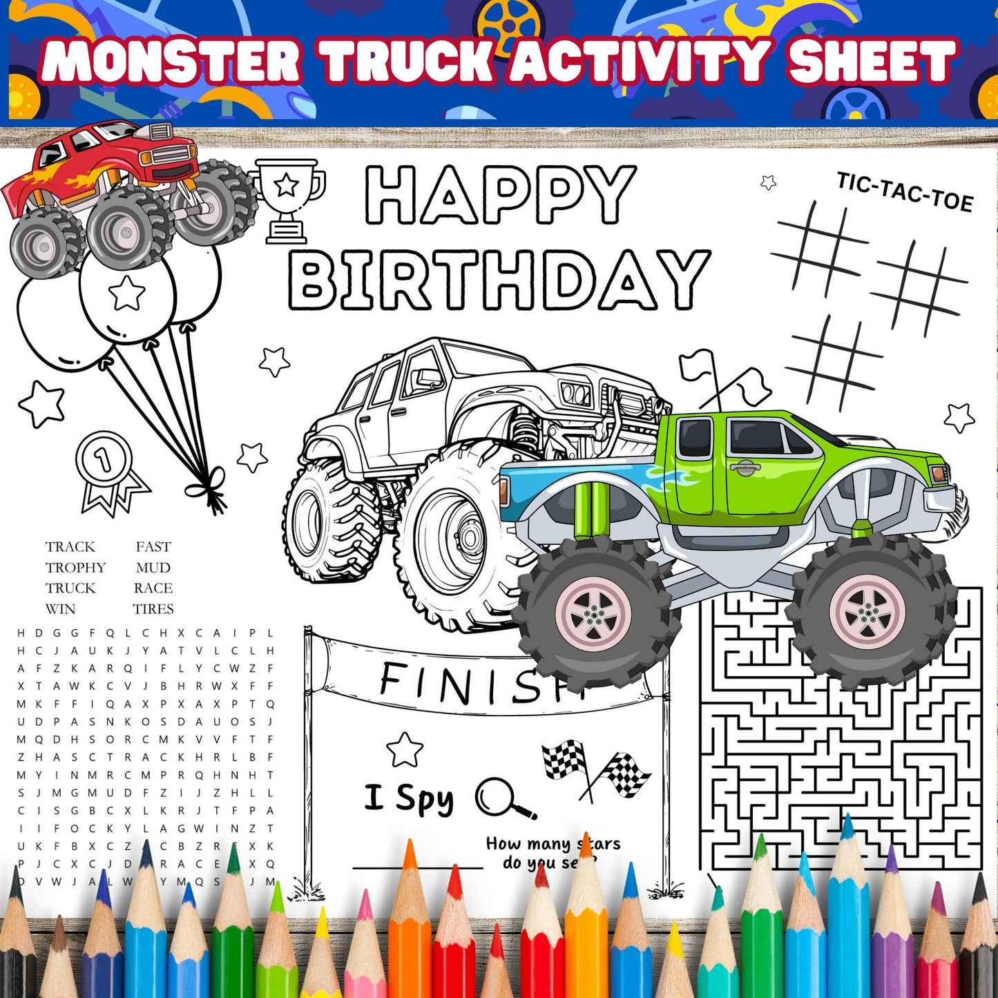 Monster Truck Birthday Boy Activity Sheet - Printable