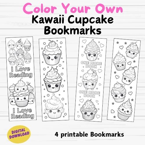 Kawaii Cupcake Coloring Bookmarks for Kids- Digital Download