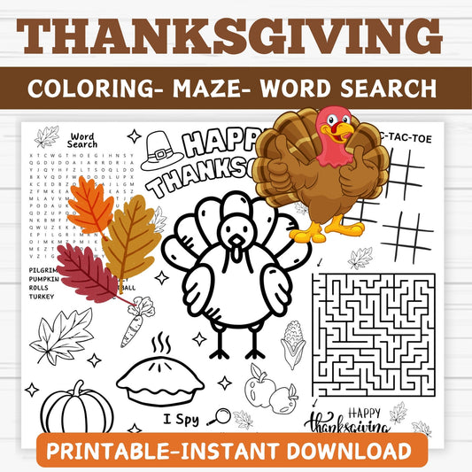 Printable Thanksgiving Kids Activity Placemat, Coloring Page, Games, & I Am Thankful For Activity Sheet, Instant Download, Fall Children's Table Idea