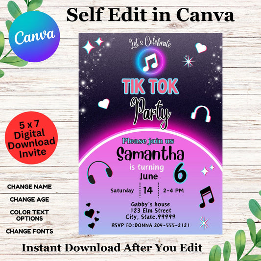 Tik Tok Birthday Invitation Template - Girl Tik Tok Birthday Party Invitation Editable in