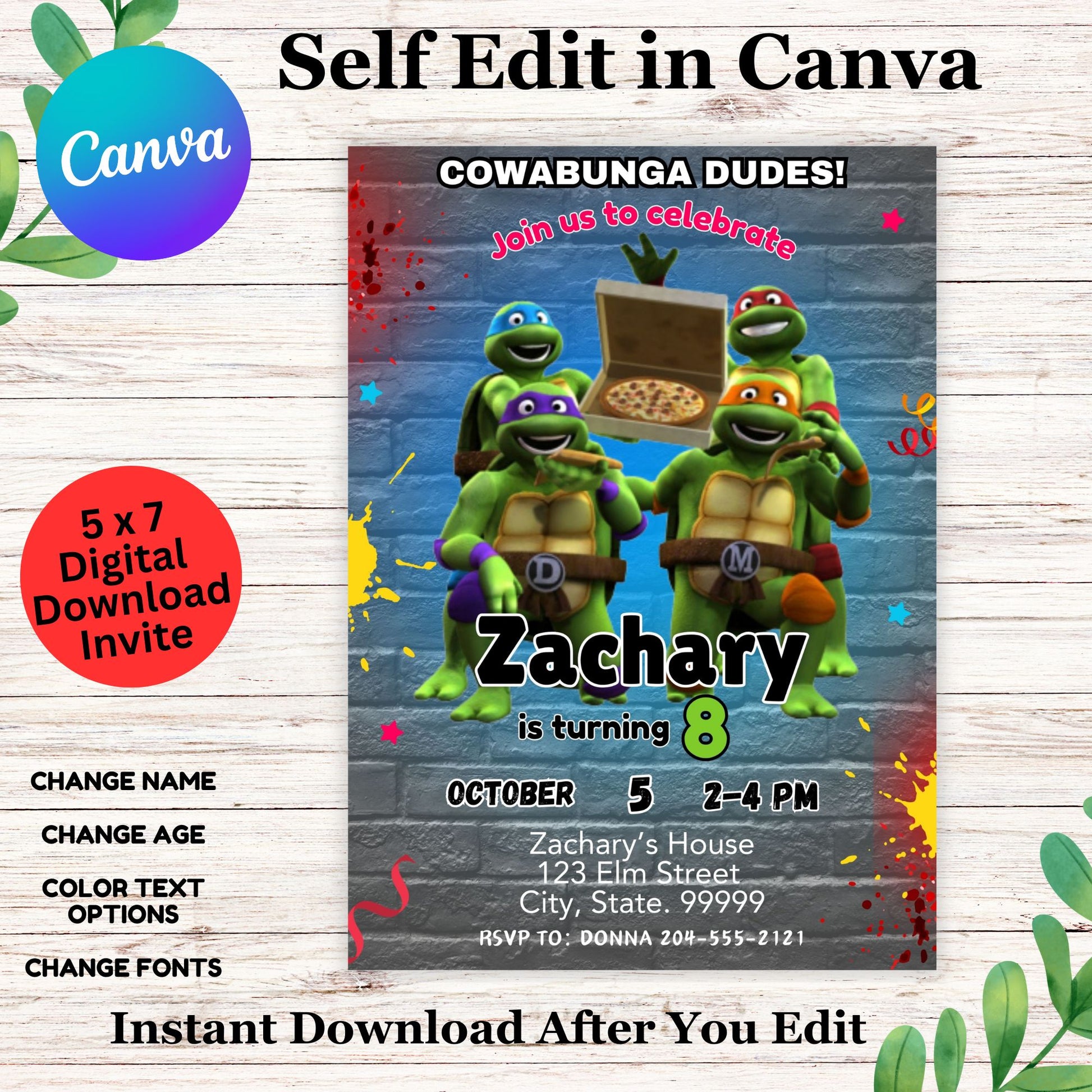 Ninja Turtles Birthday Invitation Template  - Printable TMNT Invite Editable in Canva