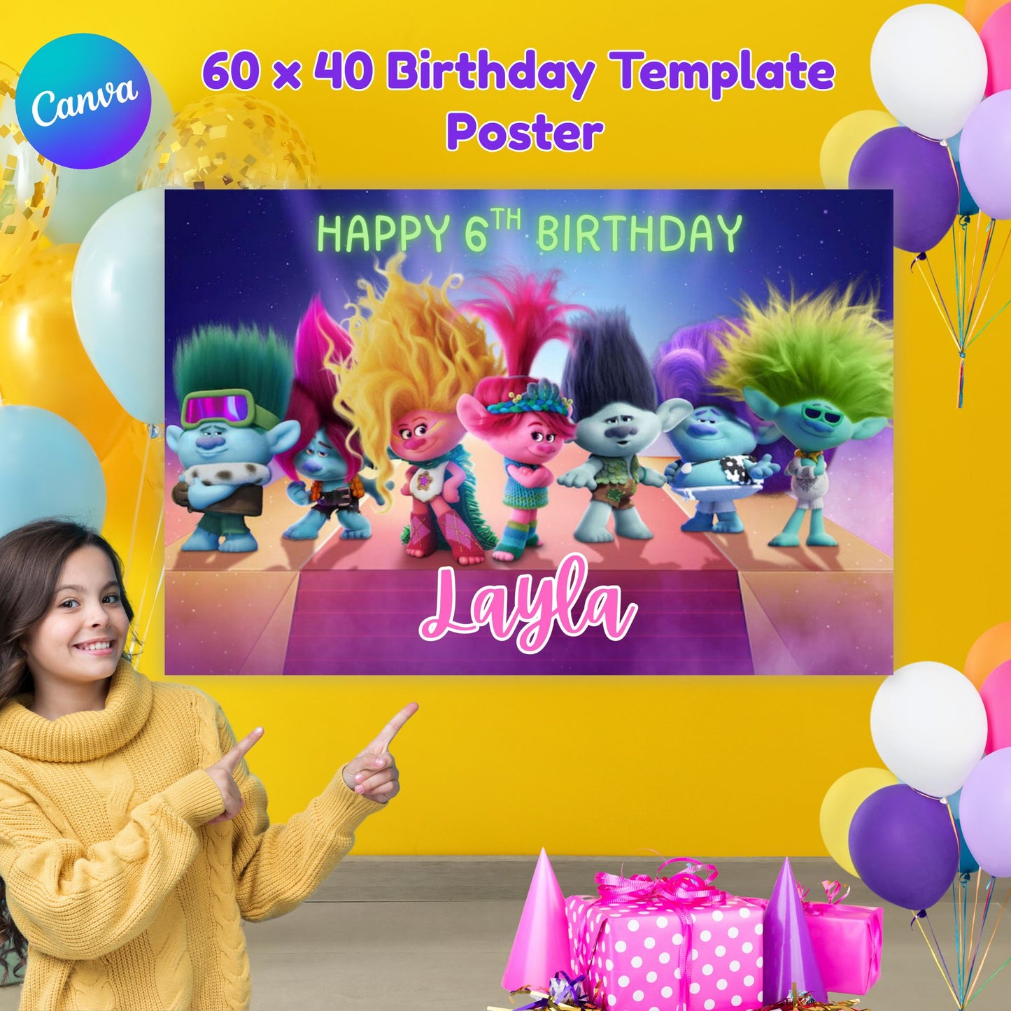 kids trolls birthday poster 