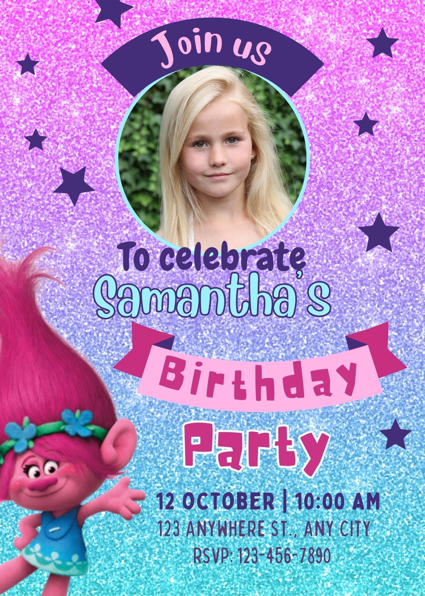 	trolls birthday party invitation