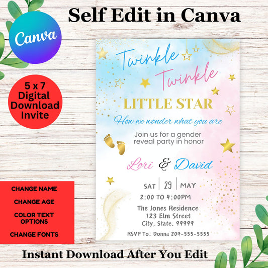 Twinkle Twinkle Little Star Gender Reveal Invitation Template - Gender Reveal Invite Printable 