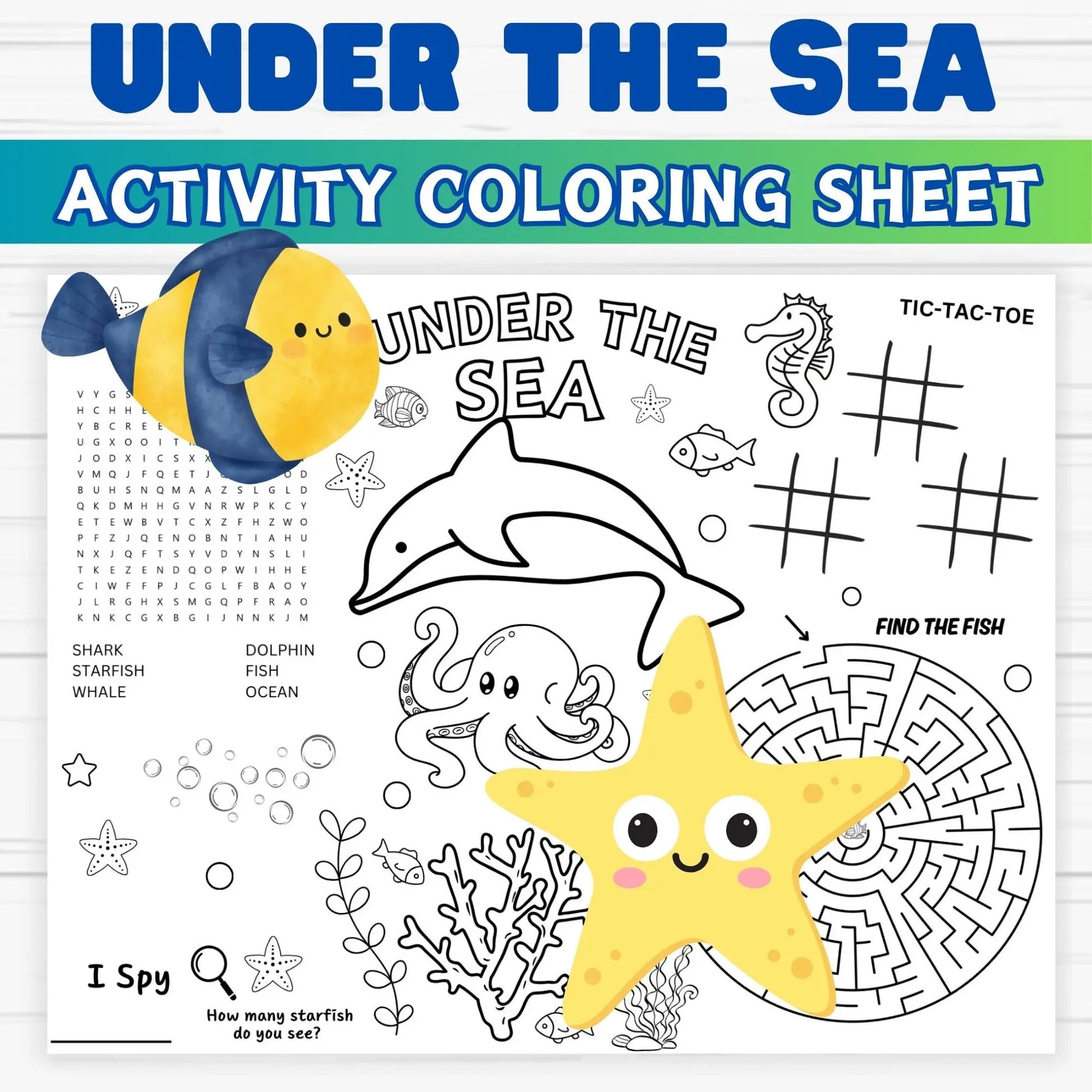 Under the Sea activity, Ocean activity placemat, Printable kids placemat, Sea animal coloring, Mermaid birthday activity, Kids party favor