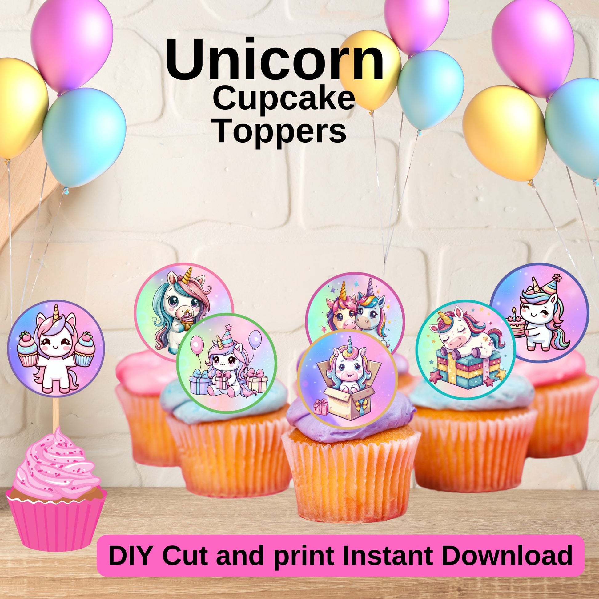 Unicorn Birthday Cupcake Toppers - Printable Unicorn Cupcake Toppers 