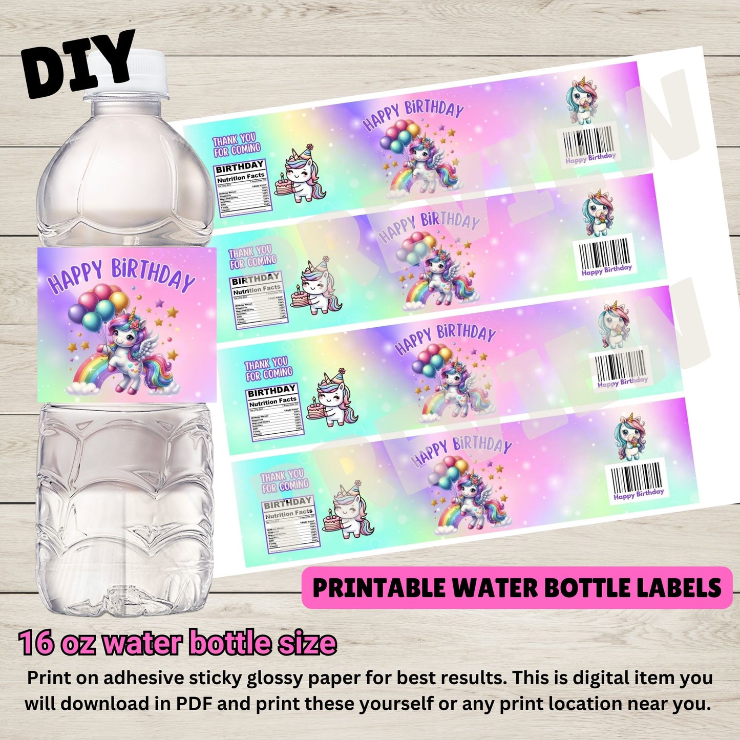 Unicorn Birthday Water Bottles - Printable Unicorn Party Supplies Online 