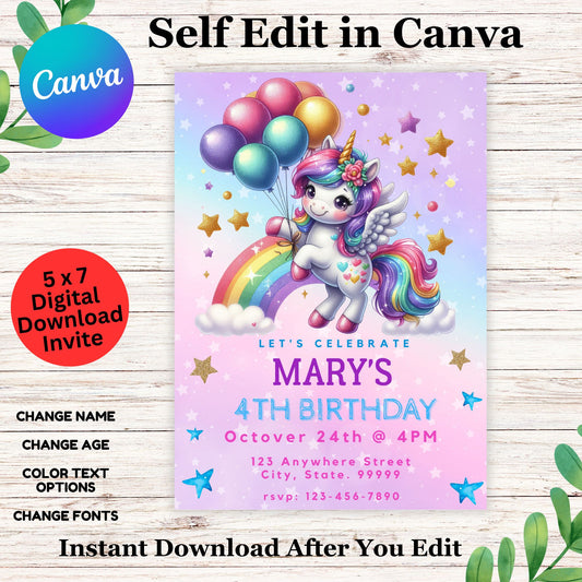 Editable Unicorn Birthday Invitation Template | Magical Pastel Rainbow Unicorn Party Invite | Girl's Printable Digital Download
