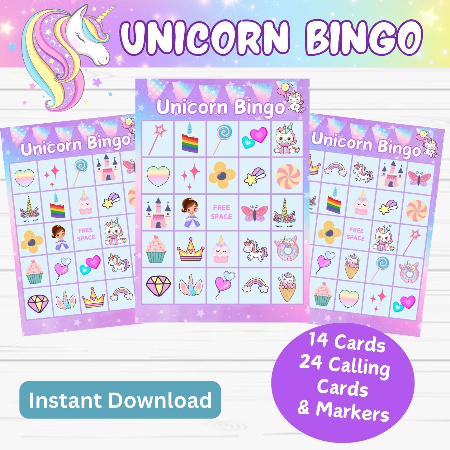 Unicorn Bingo Game for Kids or Family- Instant Download