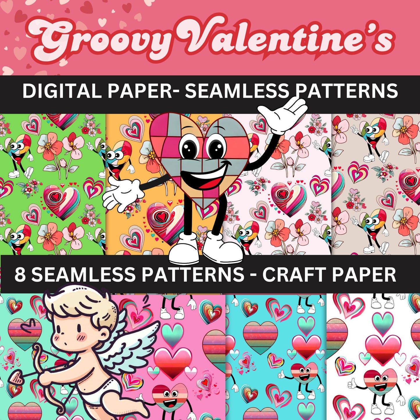 Groovy Valentine's Day Digital Seamless Pattern Paper - Printable   