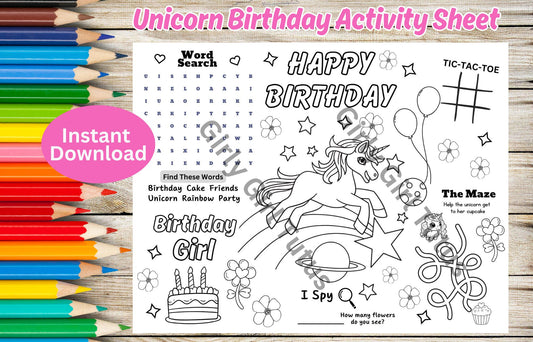 Unicorn Birthday Activity Coloring Sheet- Instant Download