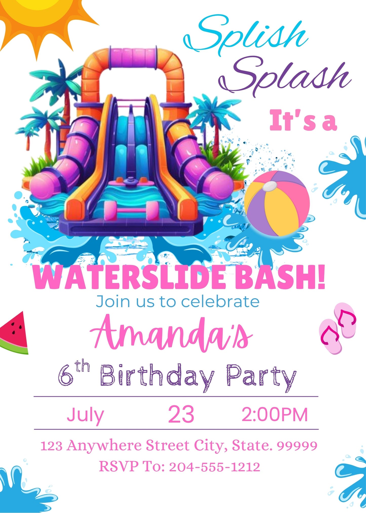 cute waterslide birthday invitation template 