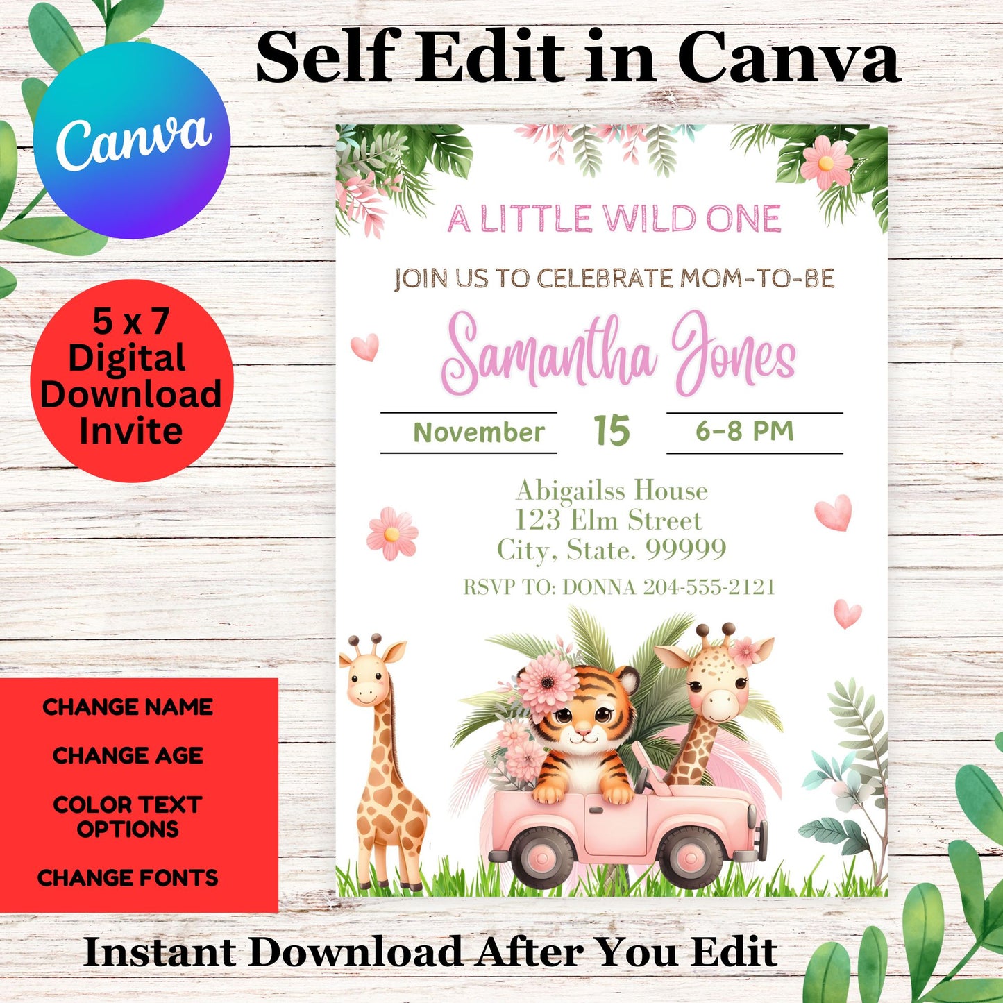 Editable Floral Boho Safari Animals Wild One -Boho Jungle Girl Baby Shower Invitation