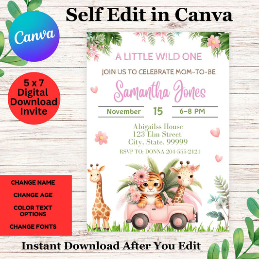 Editable Floral Boho Safari Animals Wild One -Boho Jungle Girl Baby Shower Invitation