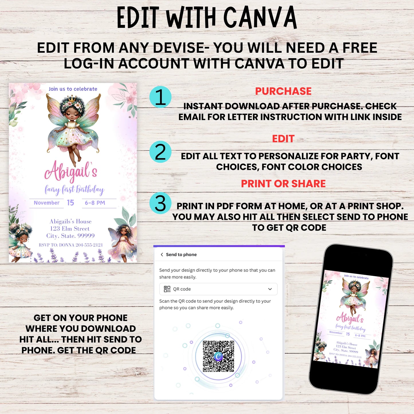  editable Canva invitation, watercolor fairy invitation, first birthday princess, afro fairy invitation, 