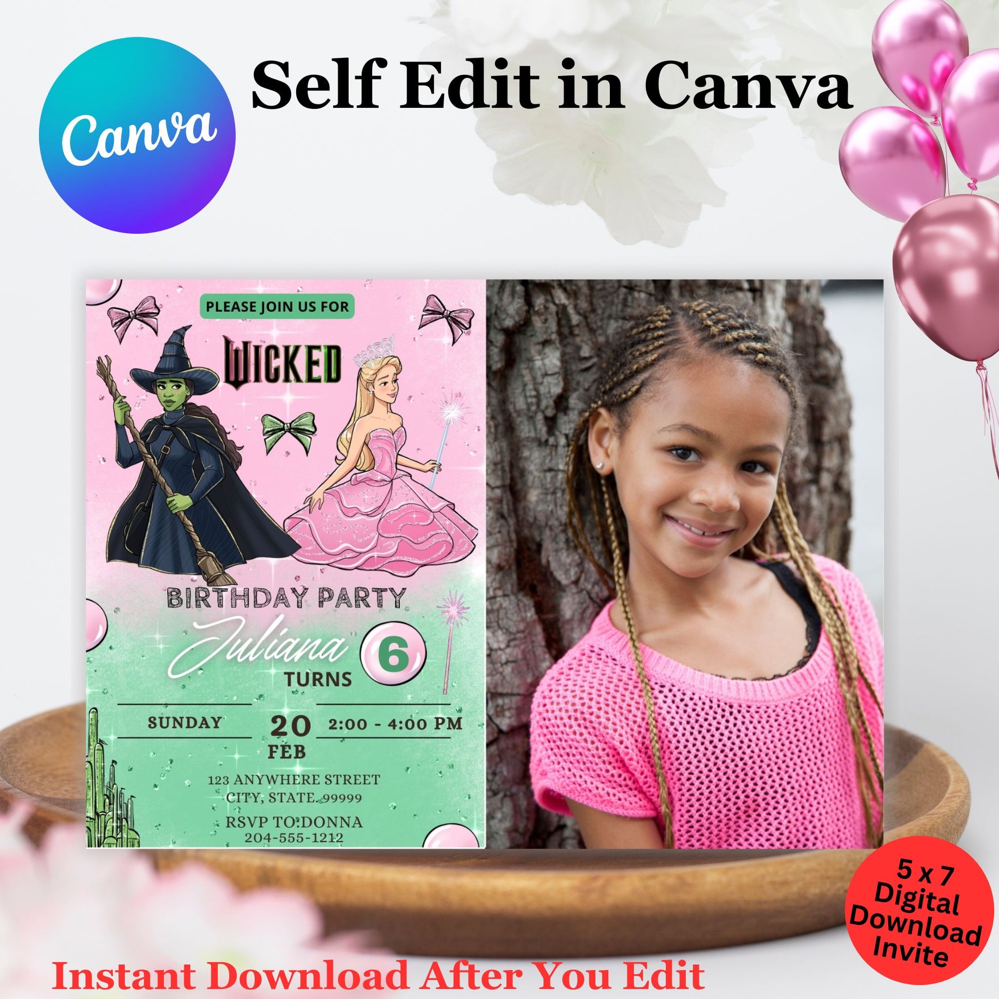 Cute Wicked Girl's Photo Birthday Invitation Template - Editable Wicked Invite 