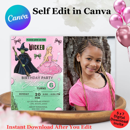 Cute Wicked Girl's Photo Birthday Invitation Template - Editable Wicked Invite 