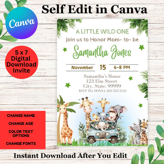 Wild One Baby Shower for Boy - Safari Baby Shower Invitation Template with Canva 