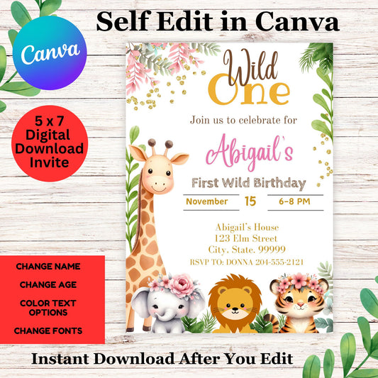 Wild One 1st Birthday Invitation Template - Cute Wild One Birthday Invite Girl Edit Canva