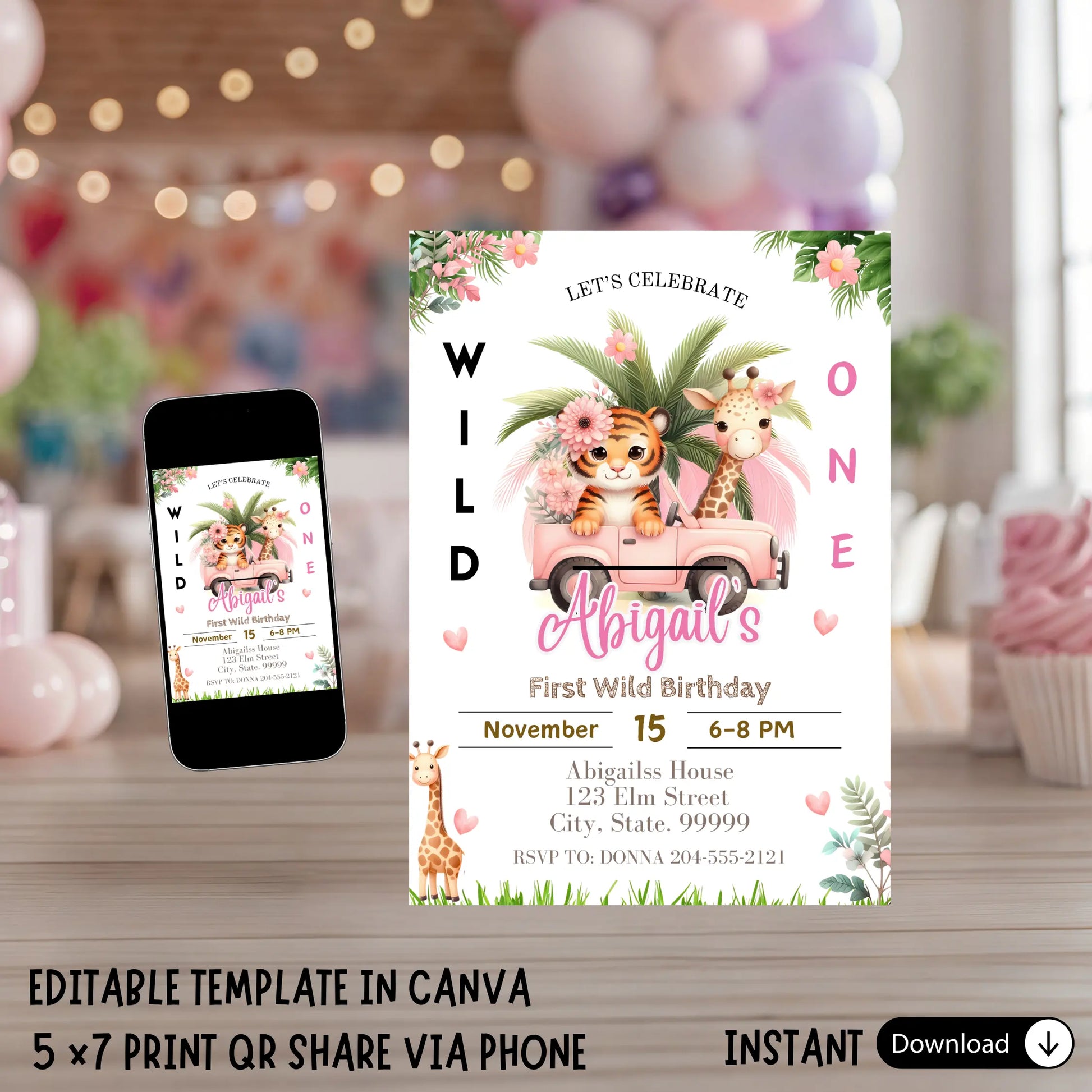 Wild One pink safari 1st birthday invitation template featuring a watercolor baby lion, elephant, and tropical gold monstera leaves