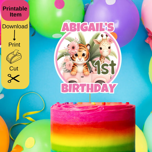 Wild One pink safari birthday bundle featuring a 5x7 invitation template and a matching DIY 1st birthday cake topper with watercolor jungle animals