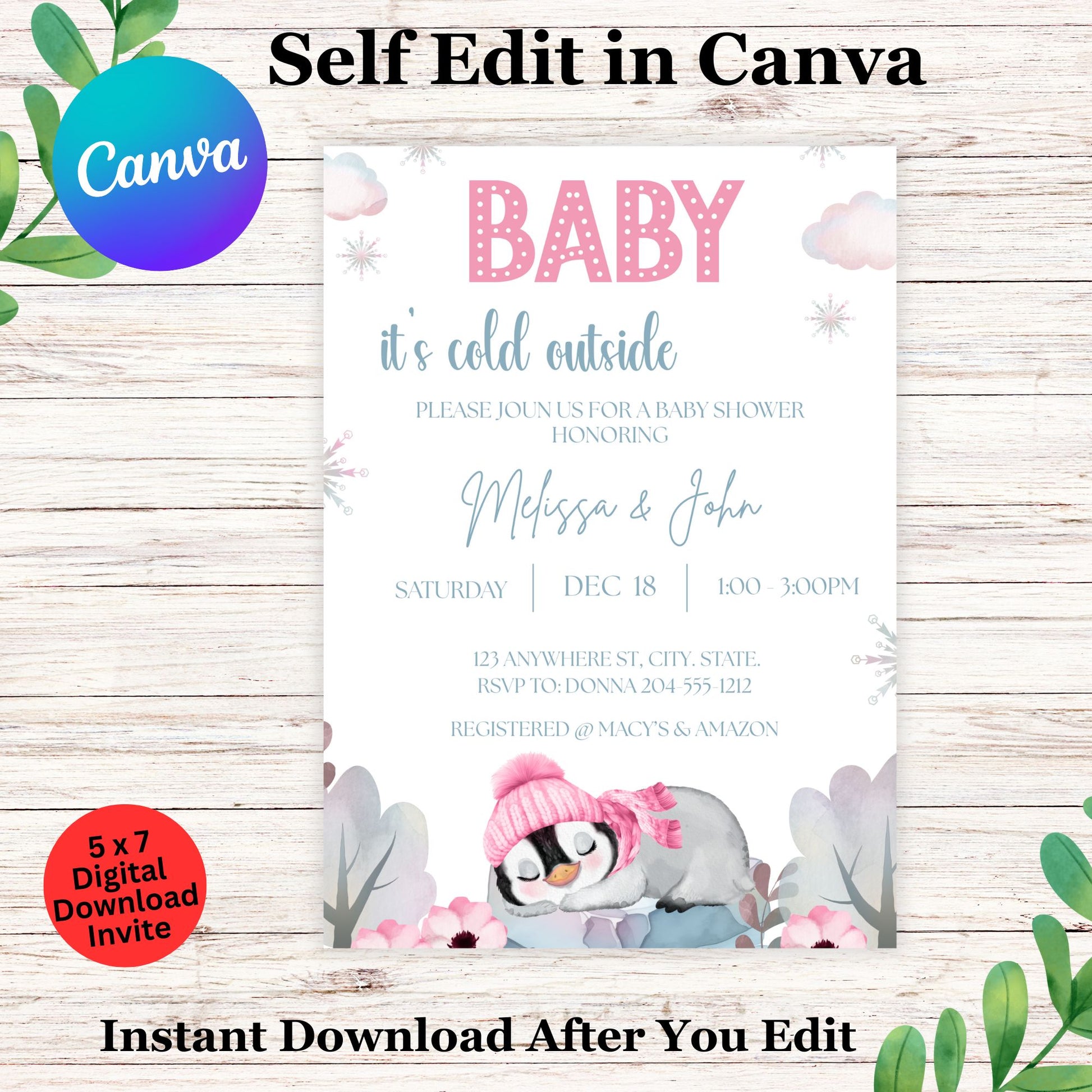 Baby It's Cold Outside" Pink Penguin Baby Shower Editable Invitation Template