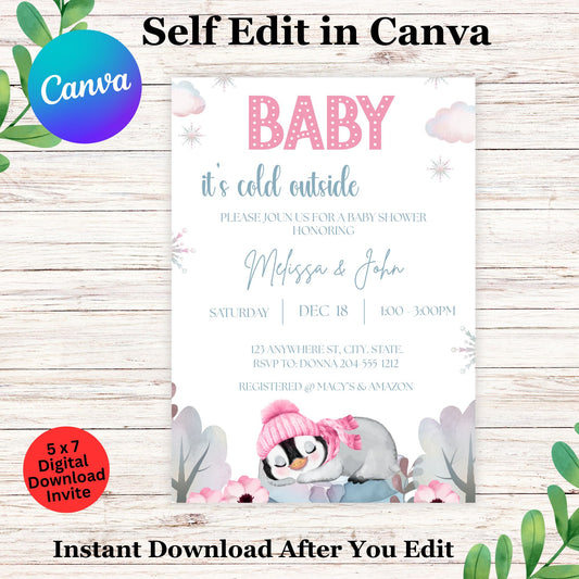 Baby It's Cold Outside" Pink Penguin Baby Shower Editable Invitation Template