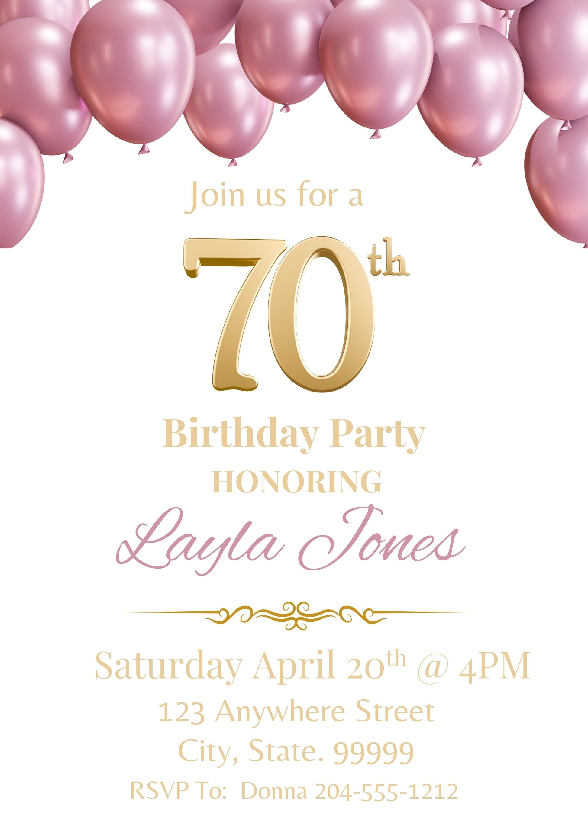 pink 70th birthday party invite 