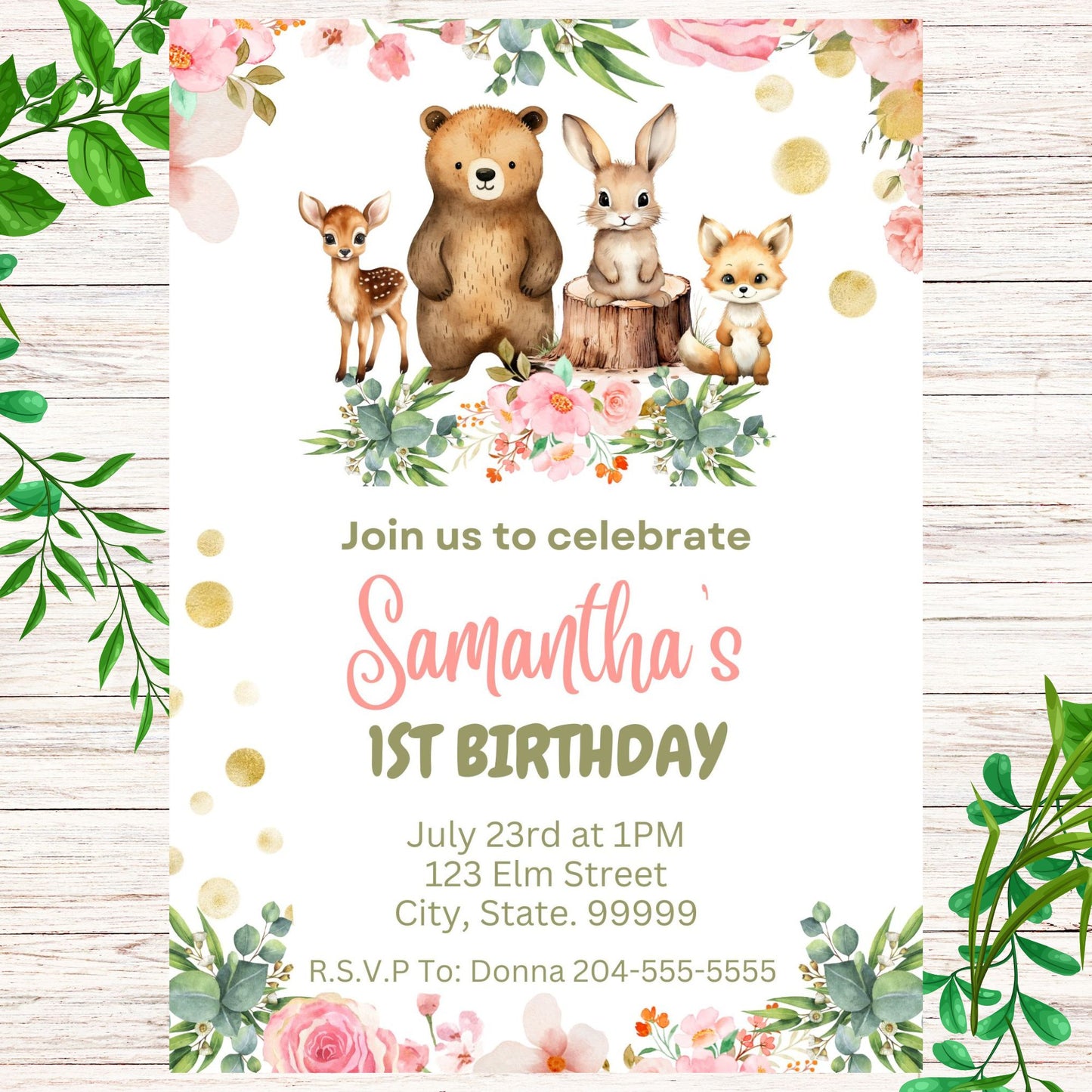 Girl Woodland Birthday Invitation- Printable