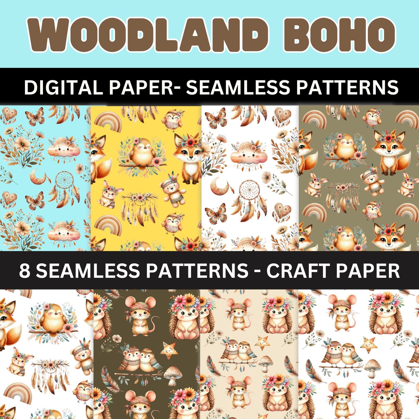 Woodland Boho Seamless Pattern- Woodland Digital Craft Paper