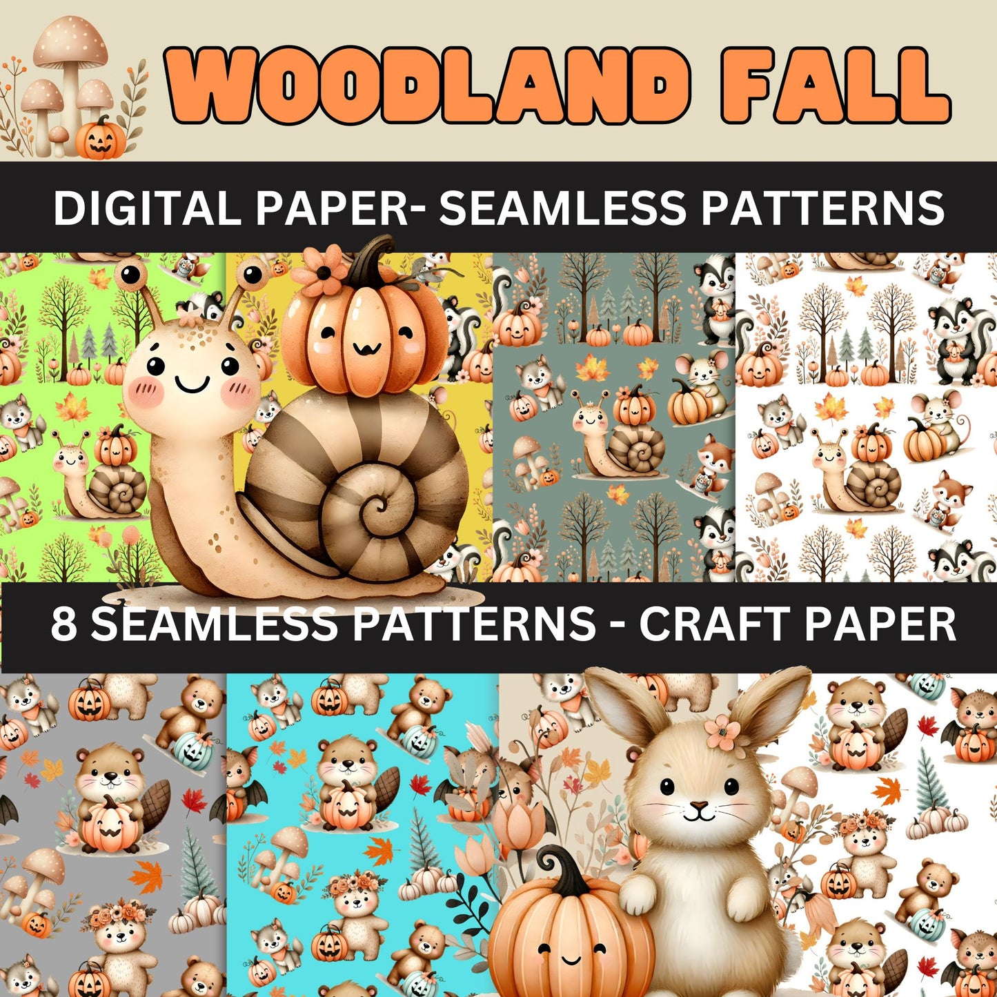 Woodland Pumpkin Digital Paper- Woodland Seamless Pattern Fall 