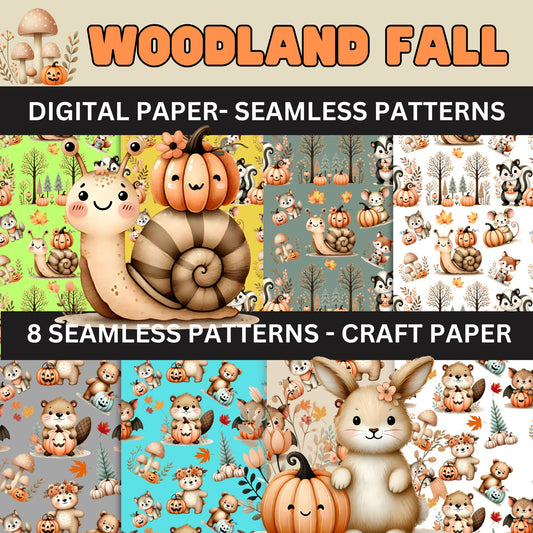 Woodland Pumpkin Digital Paper- Woodland Seamless Pattern Fall 