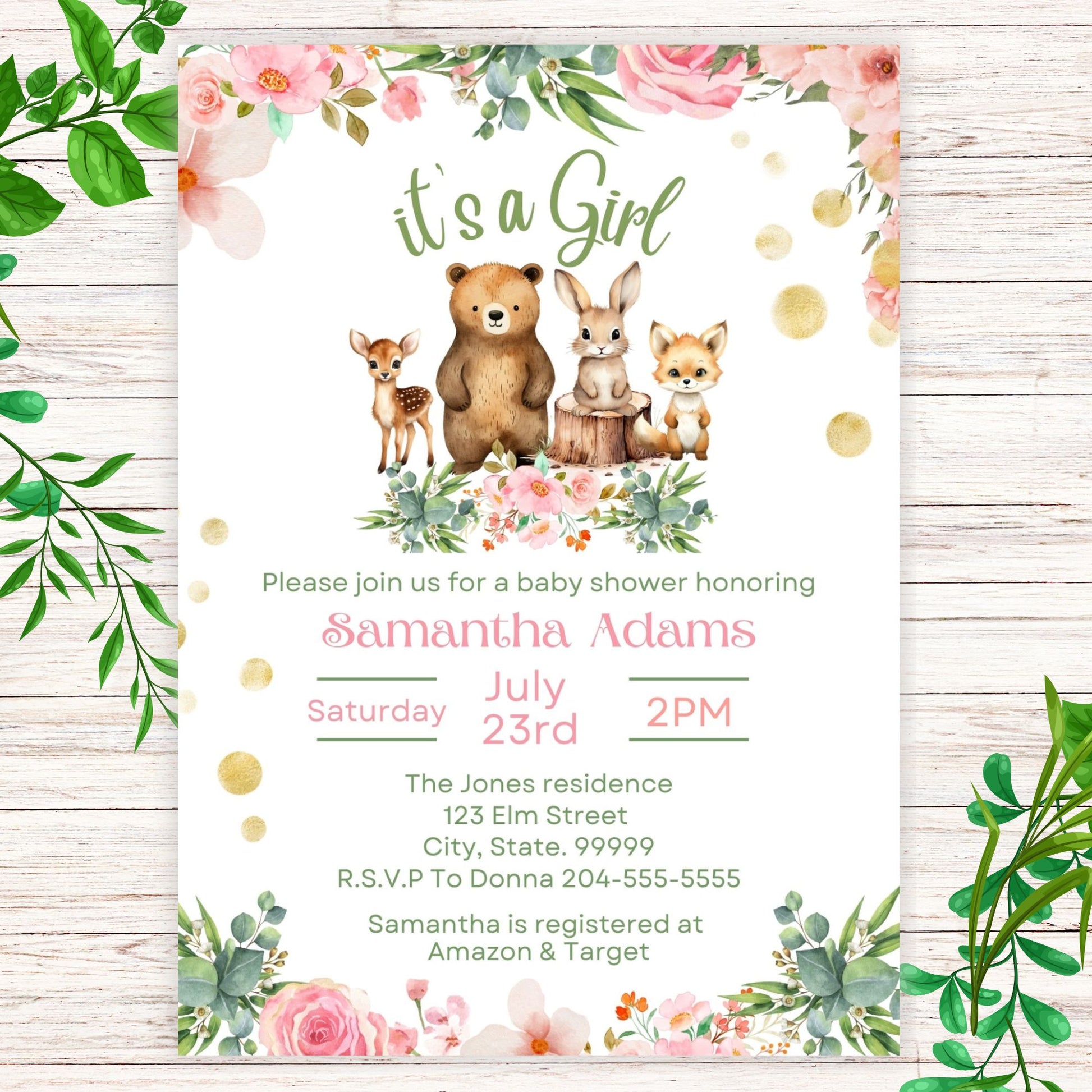 Woodland It's a Girl Baby Shower Invitation- Printable